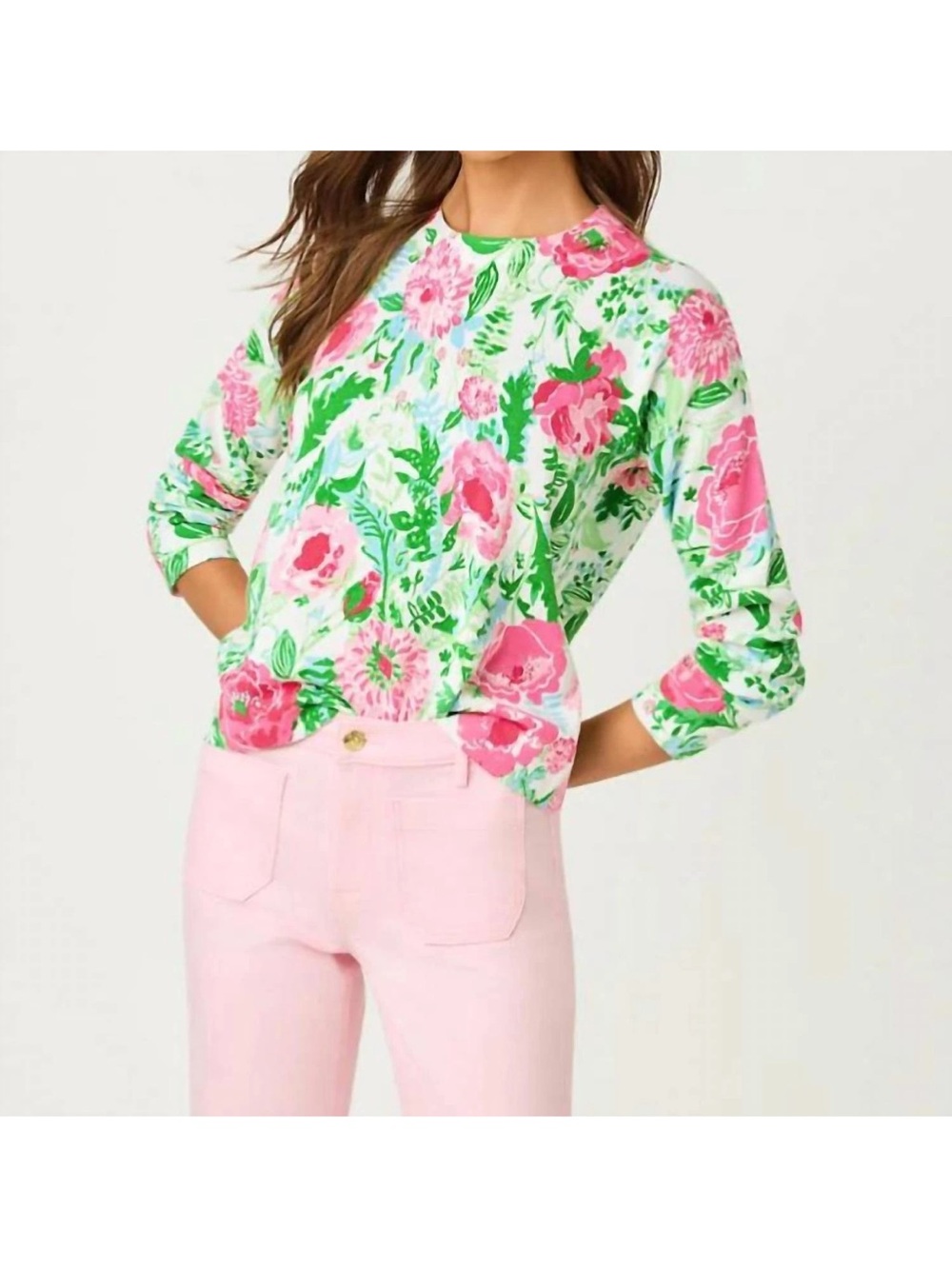 Lilly Pulitzer Tensley Green & Pink Floral Poppy Party Sweater Large New